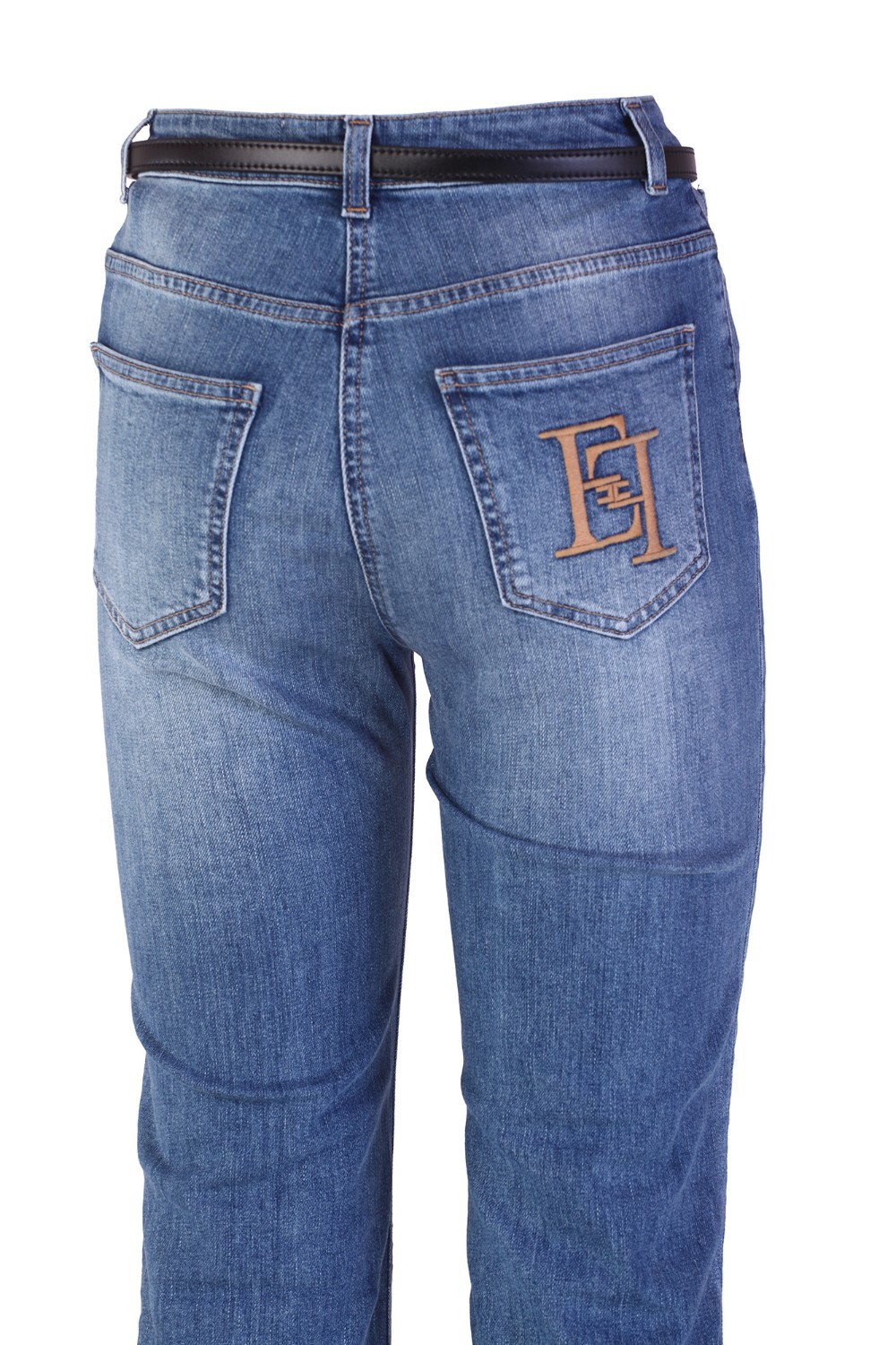 shop ELISABETTA FRANCHI  Jeans: Elisabetta Franchi jeans a zampetta con ricamo.
Cotone stretch.
Vita regular.
Ricamo logo su tasca posteriore.
Punto vita enfatizzato da una cintura con portafoglio staccabile in rafia jacquard.
Bottoni in metallo dorato.
Composizione: 55% Poliestere 45% Poliammide.
Made in Italy.. PJ55I42E2-192 number 3096344